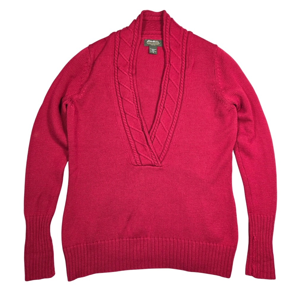 Eddie Bauer Merino Wool Cable Knit V Neck Sweater Women XL Outdoors Holiday Warm
